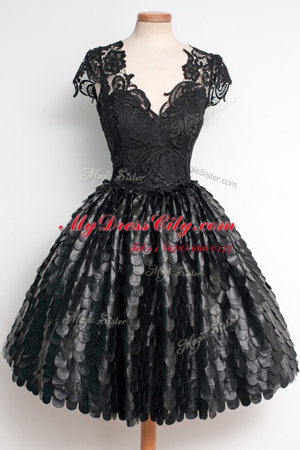 Black Zipper V-neck Lace Prom Gown Lace Cap Sleeves