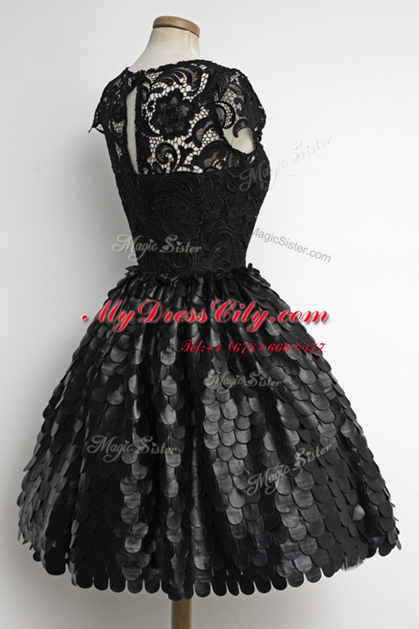 Black Zipper V-neck Lace Prom Gown Lace Cap Sleeves