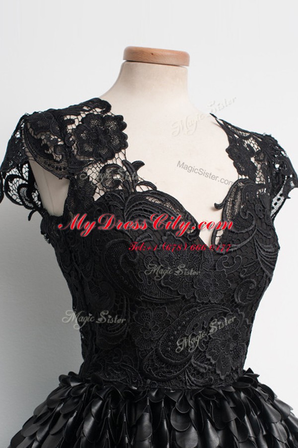 Black Zipper V-neck Lace Prom Gown Lace Cap Sleeves