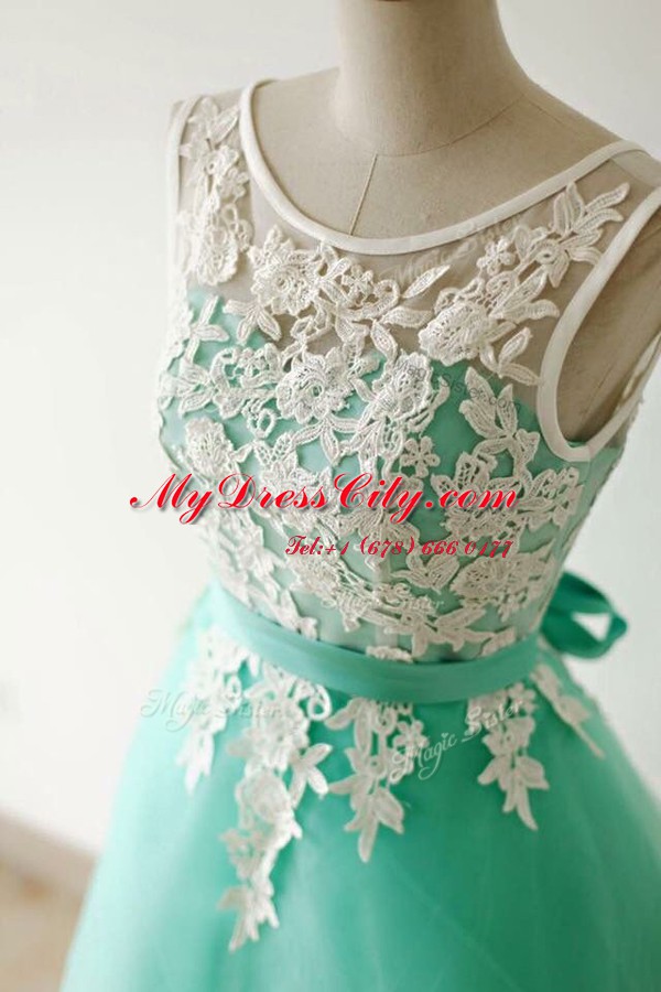 Super Apple Green Bateau Neckline Lace and Sashes ribbons Prom Gown Sleeveless Zipper