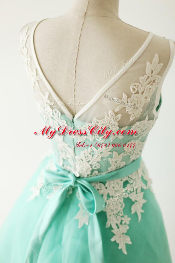 Super Apple Green Bateau Neckline Lace and Sashes ribbons Prom Gown Sleeveless Zipper