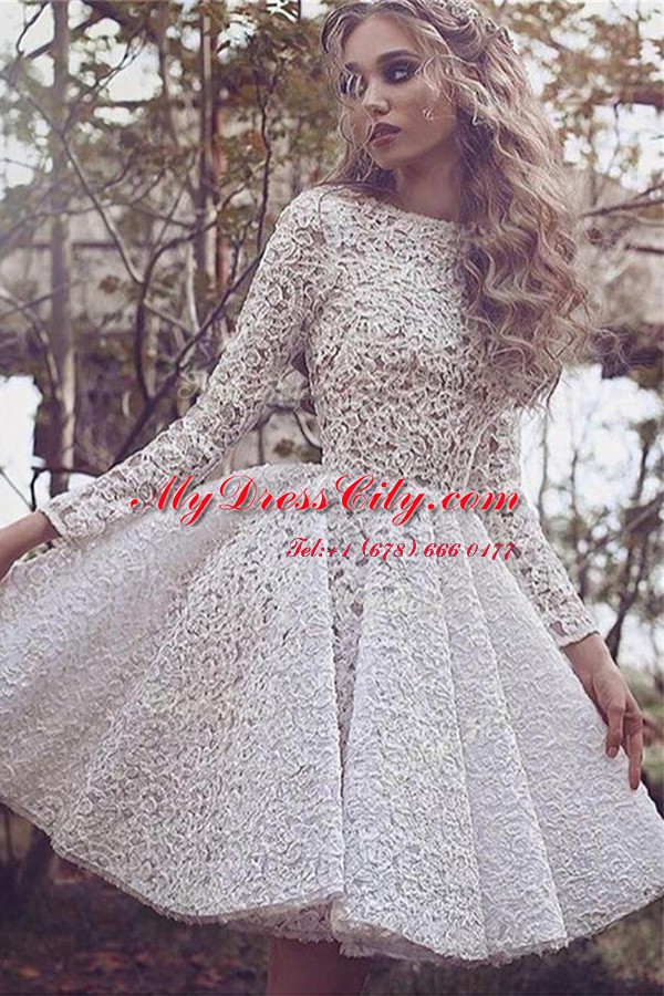 Customized White Long Sleeves Lace Mini Length Prom Evening Gown