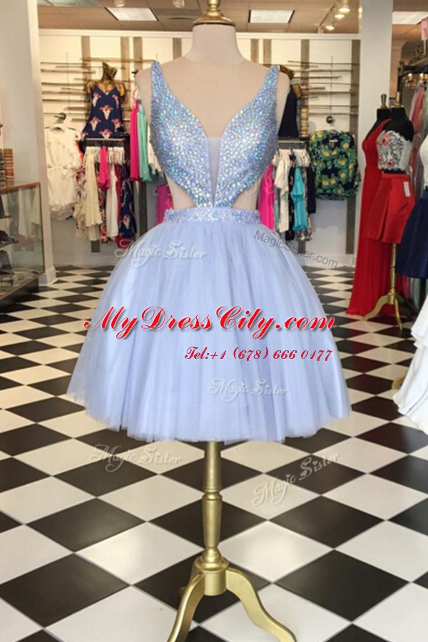 Lavender Sleeveless Beading Knee Length Prom Dress