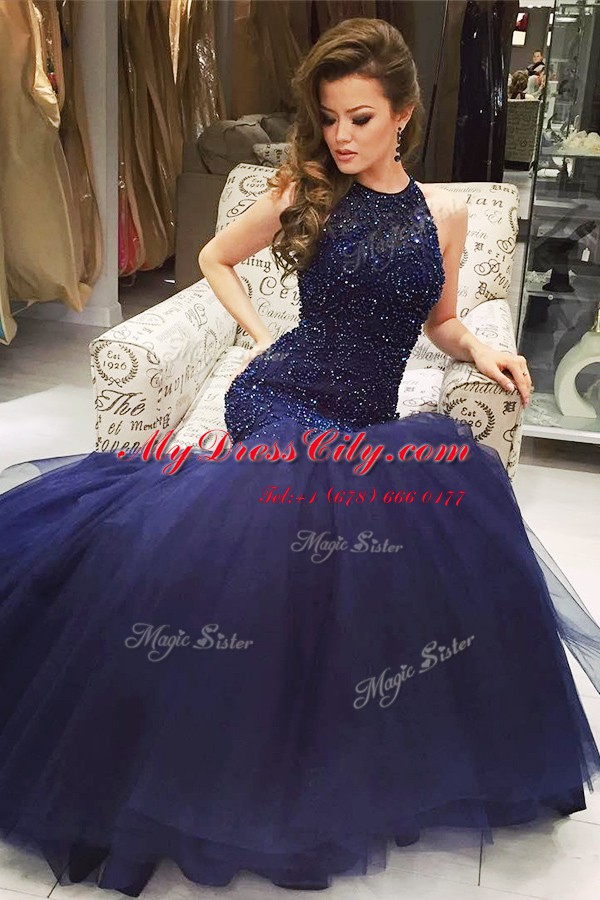 Mermaid Scoop Beading Prom Dresses Navy Blue Backless Sleeveless Floor Length