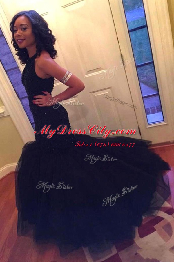 Mermaid Scoop Beading Prom Dresses Navy Blue Backless Sleeveless Floor Length