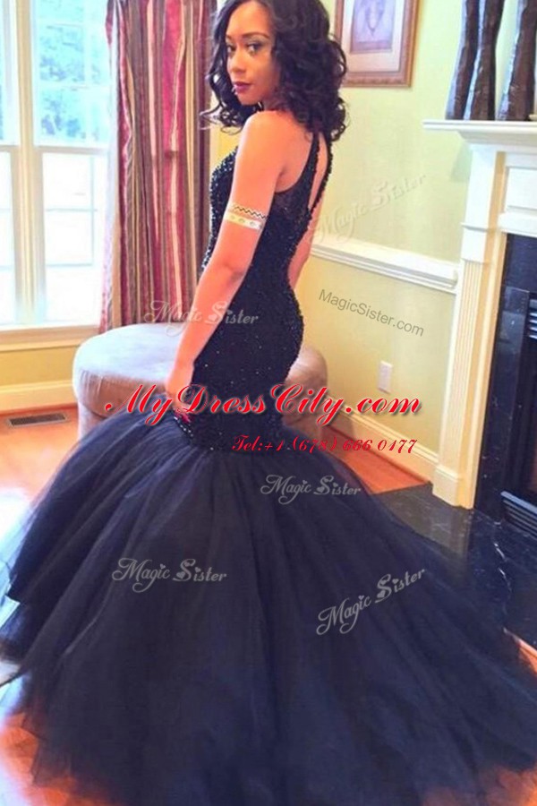 Mermaid Scoop Beading Prom Dresses Navy Blue Backless Sleeveless Floor Length