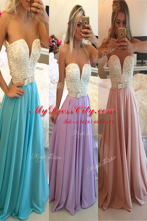 Custom Made Blue Chiffon Clasp Handle Sweetheart Sleeveless Floor Length Prom Dress Beading