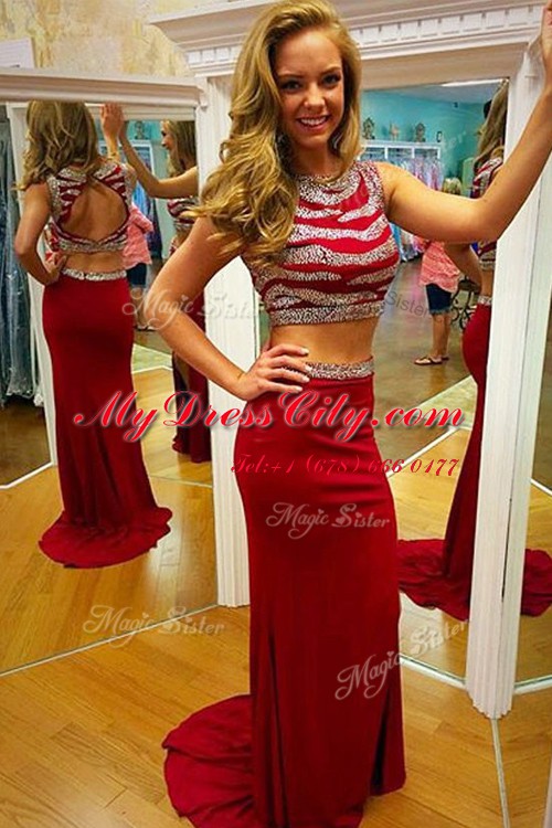 Chic Scoop Red Sleeveless Brush Train Beading Prom Dress