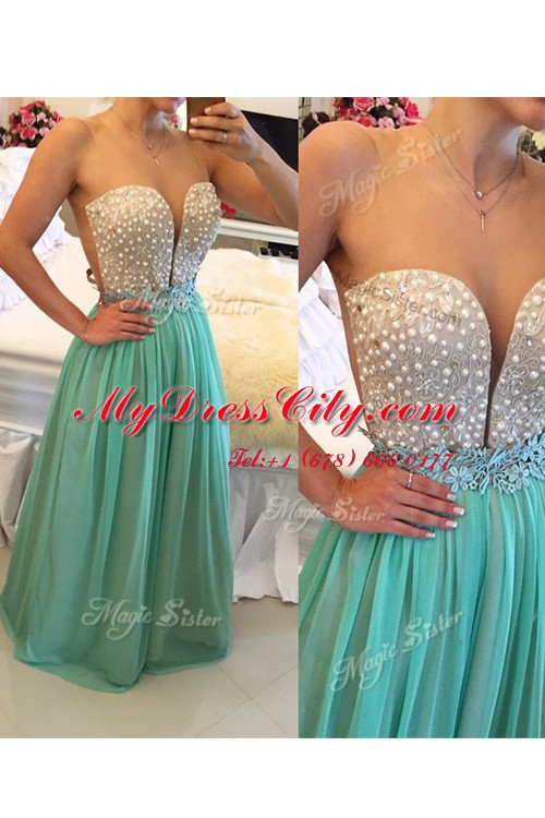 Luxurious Floor Length Turquoise Chiffon Sleeveless Beading