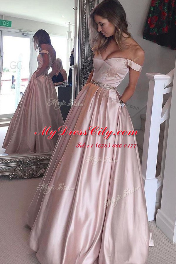 Off the Shoulder Pink Short Sleeves Floor Length Beading Zipper