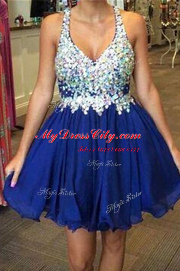 Royal Blue Chiffon Backless V-neck Sleeveless Knee Length Prom Dresses Beading