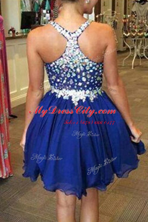 Royal Blue Chiffon Backless V-neck Sleeveless Knee Length Prom Dresses Beading