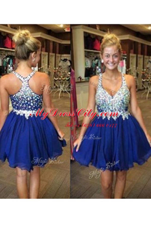 Royal Blue Chiffon Backless V-neck Sleeveless Knee Length Prom Dresses Beading