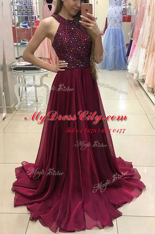 Graceful Burgundy Halter Top Neckline Beading Dress for Prom Sleeveless Zipper