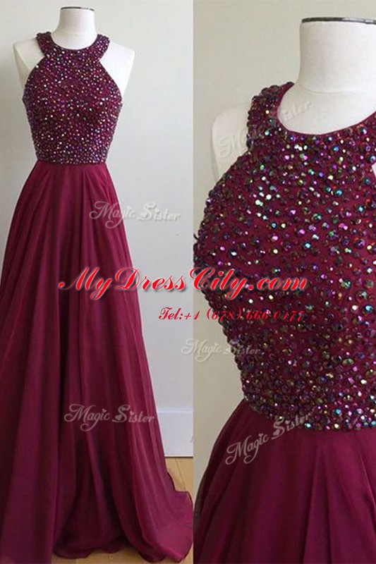 Graceful Burgundy Halter Top Neckline Beading Dress for Prom Sleeveless Zipper