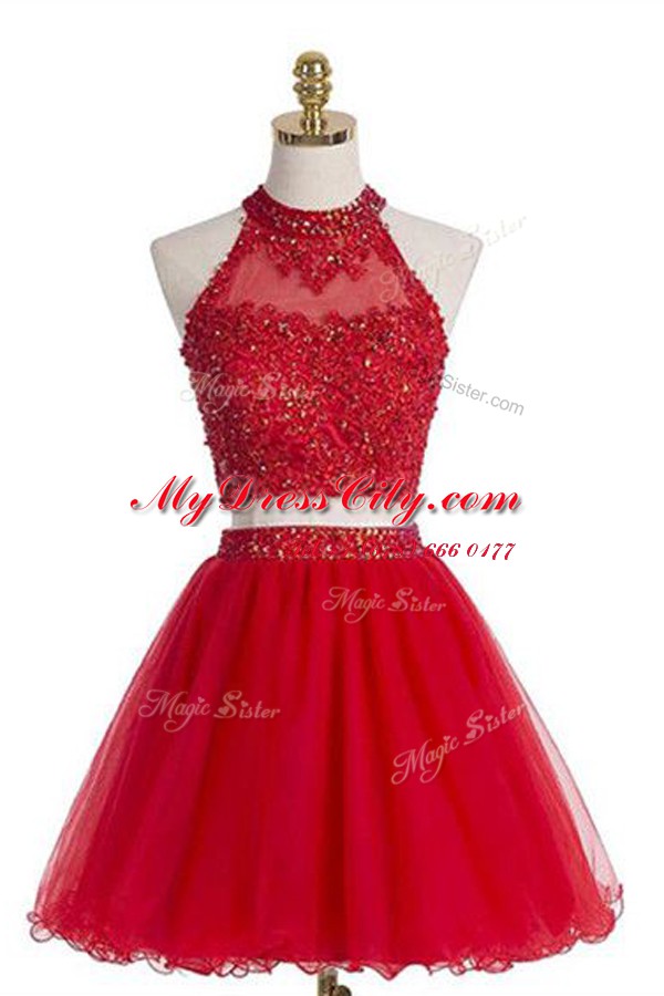 Chic Red Halter Top Zipper Beading Prom Dress Sleeveless