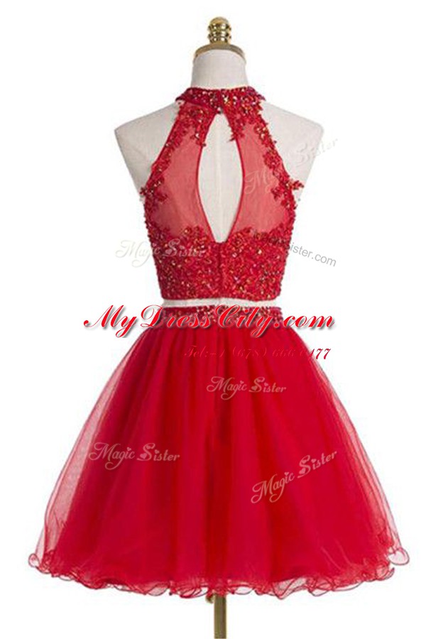 Chic Red Halter Top Zipper Beading Prom Dress Sleeveless