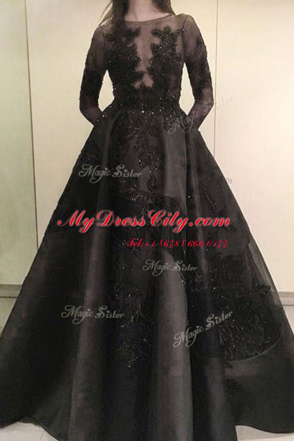 On Sale Long Sleeves Floor Length Beading and Appliques Zipper Prom Party Dress with Black