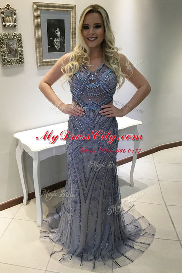 Blue Mermaid Tulle V-neck Sleeveless Beading and Appliques With Train Backless Sweep Train