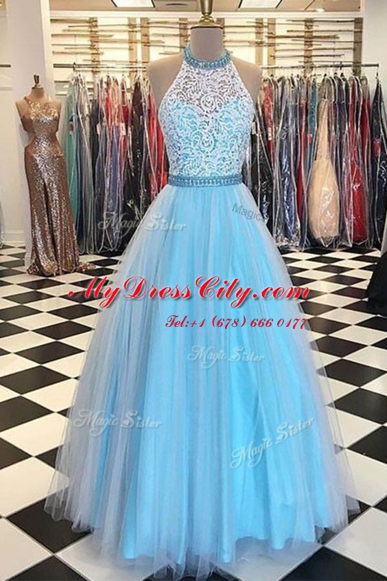 Fashionable Halter Top Blue Tulle Zipper Prom Dresses Sleeveless Floor Length Beading and Appliques