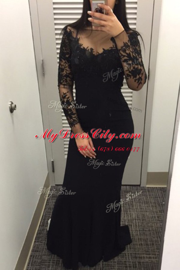 Suitable Mermaid Black Satin Zipper Prom Party Dress Long Sleeves Floor Length Beading and Lace