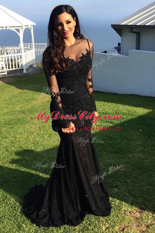 Black Mermaid Scoop Long Sleeves Tulle Sweep Train Zipper Beading and Lace Prom Evening Gown