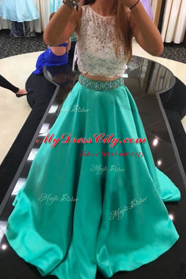 Lovely Scoop Sleeveless Zipper With Train Beading and Lace Prom Dresses