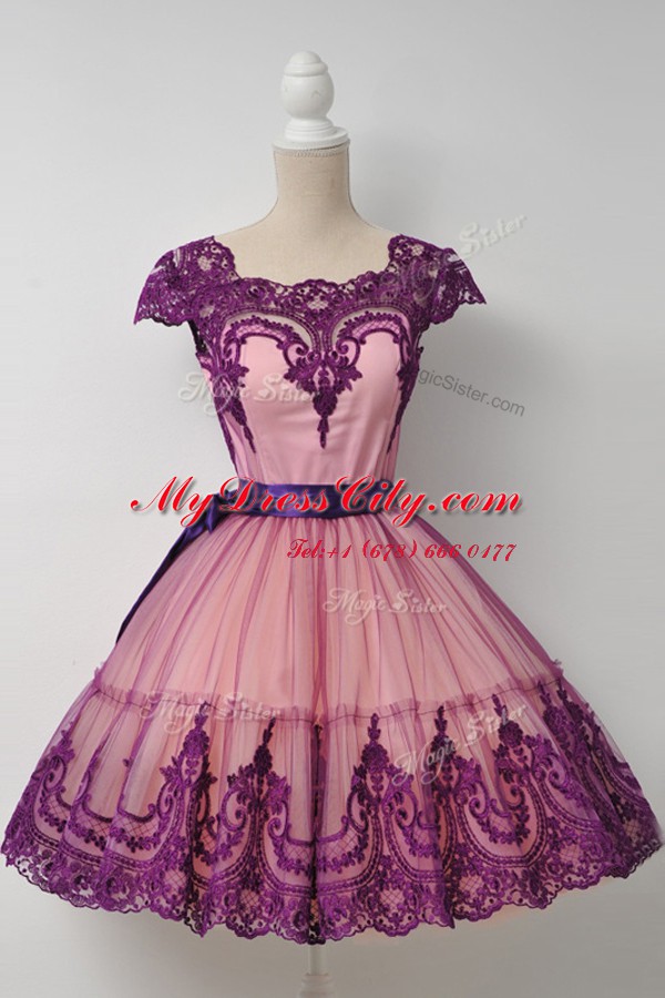 Dynamic Ball Gowns Prom Evening Gown Purple Square Tulle Cap Sleeves Mini Length Zipper