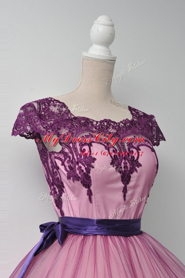 Dynamic Ball Gowns Prom Evening Gown Purple Square Tulle Cap Sleeves Mini Length Zipper