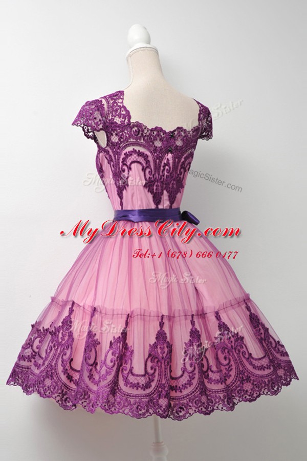 Dynamic Ball Gowns Prom Evening Gown Purple Square Tulle Cap Sleeves Mini Length Zipper