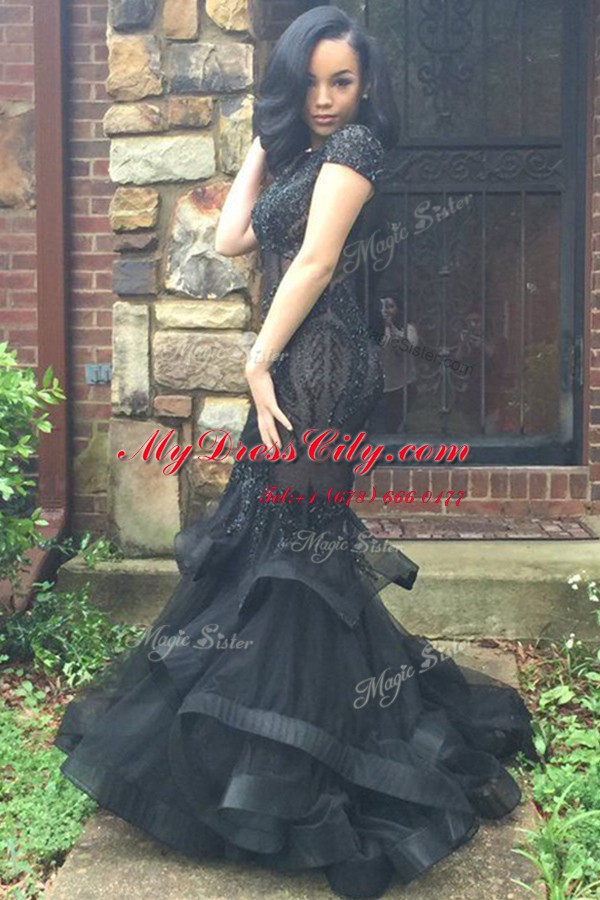 Mermaid Black Organza Zipper Scoop Cap Sleeves With Train Pageant Dress for Womens Sweep Train Beading and Ruffles