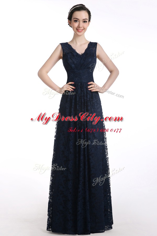 Simple Chiffon V-neck Sleeveless Zipper Lace Evening Dress in Black