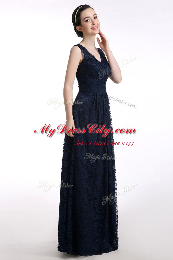 Simple Chiffon V-neck Sleeveless Zipper Lace Evening Dress in Black