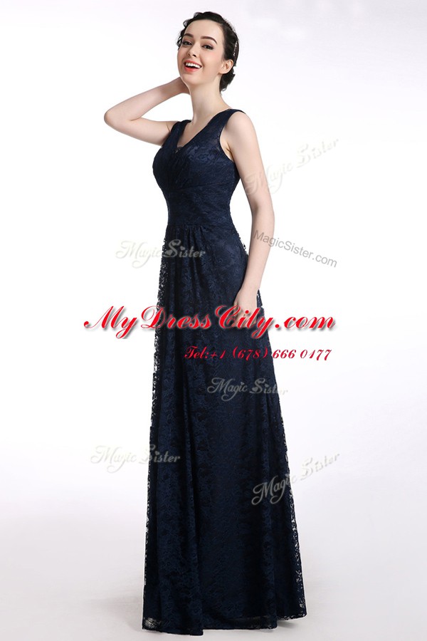 Simple Chiffon V-neck Sleeveless Zipper Lace Evening Dress in Black