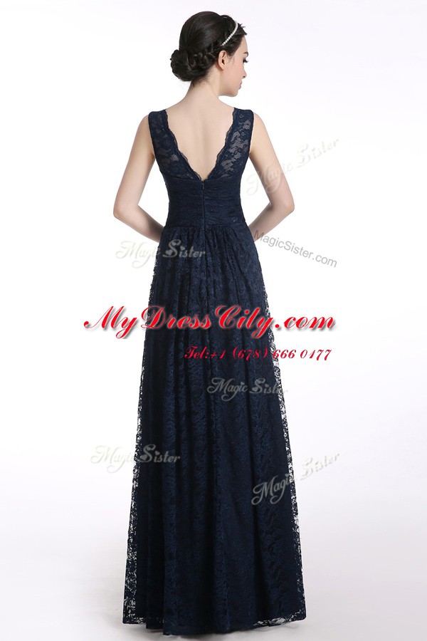 Simple Chiffon V-neck Sleeveless Zipper Lace Evening Dress in Black