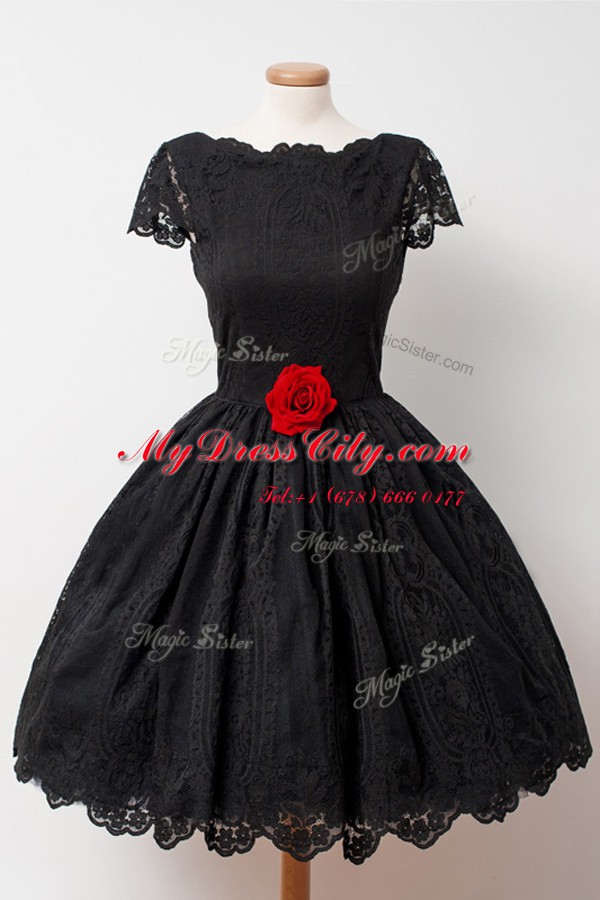 Lace Black Cap Sleeves Knee Length Hand Made Flower Backless Prom Evening Gown