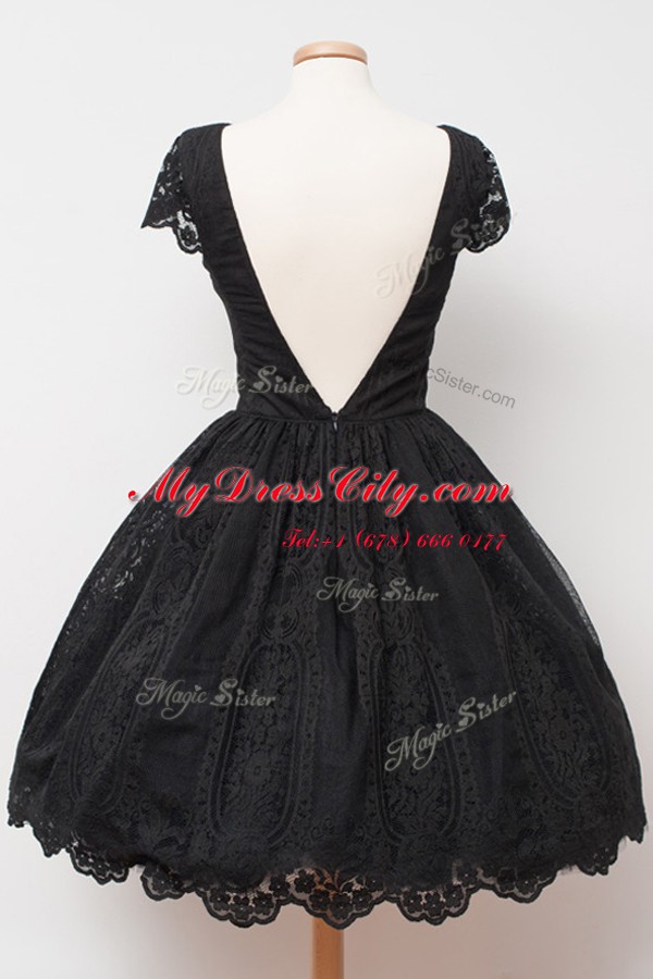 Lace Black Cap Sleeves Knee Length Hand Made Flower Backless Prom Evening Gown