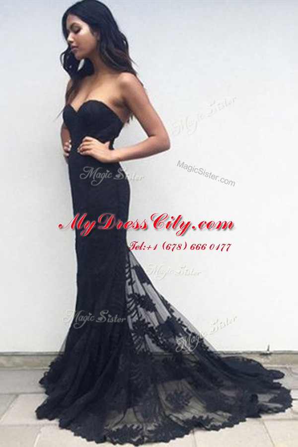 Graceful Mermaid Lace Sweetheart Sleeveless Sweep Train Zipper Lace Homecoming Dress in Black