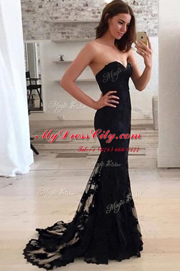 Graceful Mermaid Lace Sweetheart Sleeveless Sweep Train Zipper Lace Homecoming Dress in Black