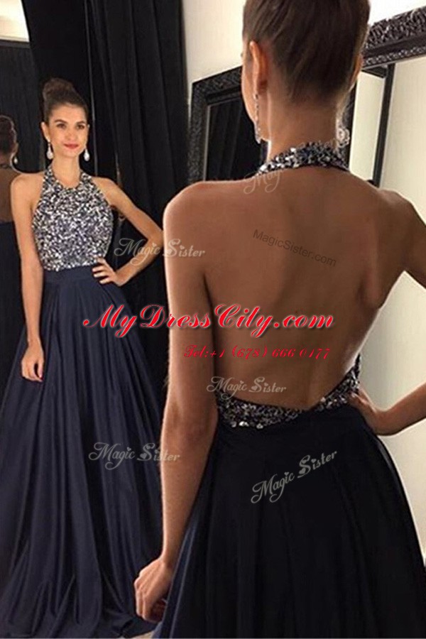 Halter Top Black Sleeveless With Train Beading Backless Prom Dresses