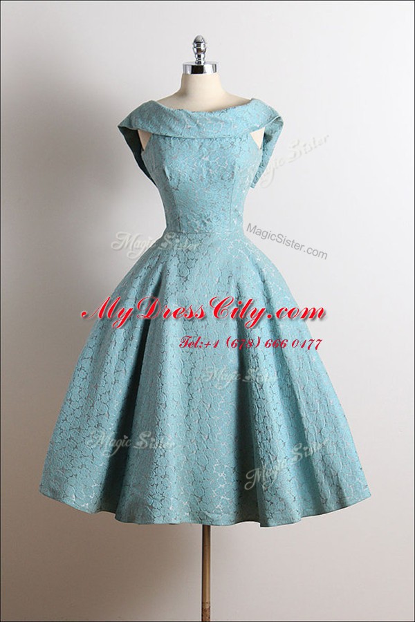 Lace Knee Length Blue Evening Dress Scoop Sleeveless Zipper