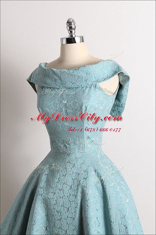 Lace Knee Length Blue Evening Dress Scoop Sleeveless Zipper