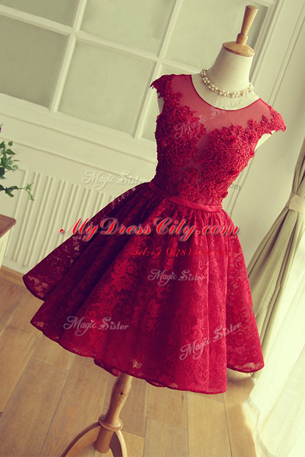 Cute Scoop Red A-line Appliques Prom Evening Gown Lace Up Satin and Lace Cap Sleeves Knee Length