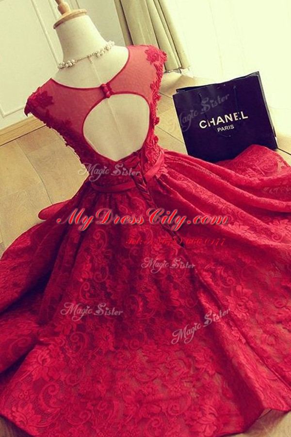 Cute Scoop Red A-line Appliques Prom Evening Gown Lace Up Satin and Lace Cap Sleeves Knee Length