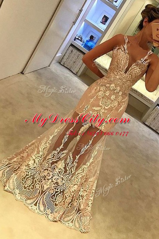 Attractive Mermaid Prom Party Dress Champagne V-neck Tulle Sleeveless Floor Length Zipper