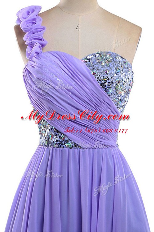 Customized Sequins One Shoulder Sleeveless Lace Up Evening Gowns Lavender Chiffon