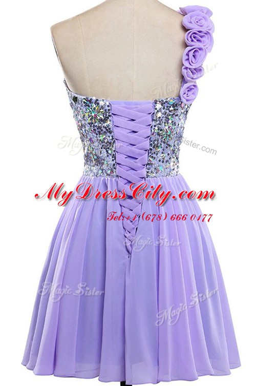 Customized Sequins One Shoulder Sleeveless Lace Up Evening Gowns Lavender Chiffon