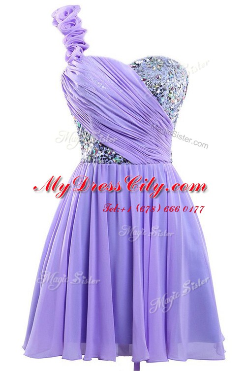 Customized Sequins One Shoulder Sleeveless Lace Up Evening Gowns Lavender Chiffon