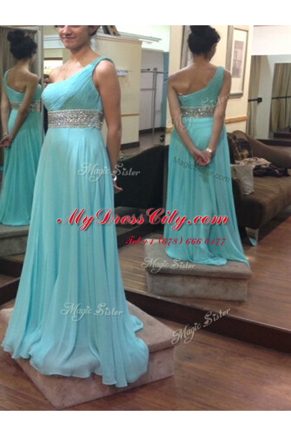 Custom Fit One Shoulder Sleeveless Floor Length Beading and Sashes ribbons Baby Blue Chiffon