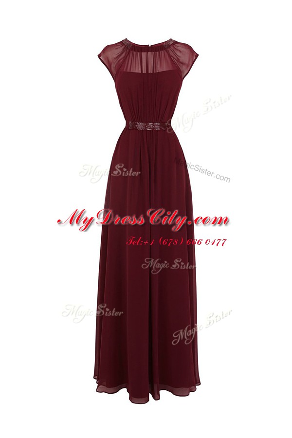 Scoop Floor Length Zipper Evening Dress Burgundy for Prom with Beading